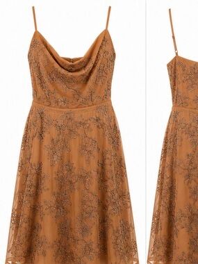 Express Strapless Embroidered Cowl Neck Dress - Camel